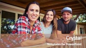  Presentation with vacation - Cool new presentation with mid side view shot of delighted smiling friends who are posing together at the camera with a background of modern resting house behind them spending summer vacation together backdrop and a coral colored foreground
