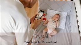  Presentation with mobile home - Slide set having mid-white-father-taking-photo background and a coral colored foreground