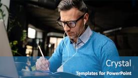  Presentation with writing notes - Presentation theme consisting of mid-white-man-in-earphones background and a teal colored foreground