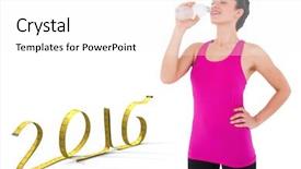  Presentation with energry drink - PPT layouts consisting of mid year 2016 - fit woman taking a drink background and a white colored foreground