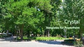 Presentation with green city - PPT theme enhanced with midday bright sunny day tree background and a tawny brown colored foreground