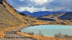  Presentation with national - PPT theme consisting of midday landscape in the national park torres del paine chile the gravel road is bent between yellowed hills and walking on the lake background and a coral colored foreground
