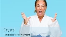  Presentation with kimono - Cool new theme with middle age adult woman wearing karate kimono uniform over isolated background celebrating crazy and amazed for success with arms raised and open eyes screaming excited winner concept backdrop and a light blue colored foreground