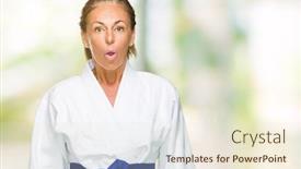  Presentation with kimono - Colorful theme enhanced with middle age adult woman wearing karate kimono uniform over isolated background afraid and shocked with surprise expression fear and excited face backdrop and a cream colored foreground