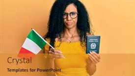  Presentation with passport - Presentation design consisting of middle-age-african-american-woman background and a gold colored foreground