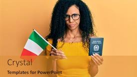  Presentation with passport - Cool new PPT theme with middle-age-african-american-woman backdrop and a gold colored foreground