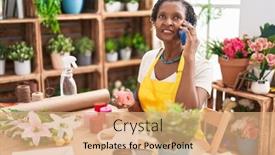  Presentation with flower woman - PPT theme with middle-age-african-american-woman background and a coral colored foreground