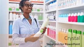  Presentation with shampoo - Presentation design featuring middle-age-african-american-woman background and a coral colored foreground