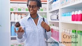  Presentation with medication - Presentation design with middle-age-african-american-woman background and a light blue colored foreground