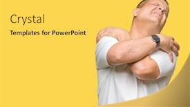  Presentation with self love - Presentation theme consisting of middle age arab man wearig white t-shirt over isolated background hugging oneself happy and positive smiling confident self love and self care background and a yellow colored foreground