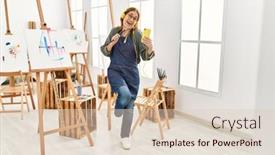  Presentation with art - Slide deck consisting of middle-age-artist-woman-smiling background and a  colored foreground