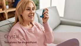  Presentation with inhaler - Presentation consisting of middle-age-asthmatic-woman-smiling background and a coral colored foreground