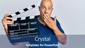  Presentation with clapboard - PPT theme featuring middle-age-bald-man-holding background and a ocean colored foreground