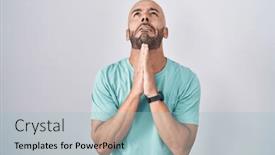  Presentation with praying hands - PPT theme with middle-age-bald-man-standing background and a light blue colored foreground