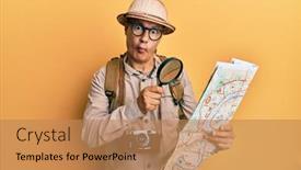  Presentation with magnifying glass - Audience pleasing presentation design consisting of middle-age-bald-man-wearing backdrop and a coral colored foreground