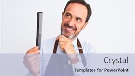  Presentation with barber - Amazing PPT theme having middle age barber man wearing apron holding hair comb over isolated white background serious face thinking about question very confused idea backdrop and a light blue colored foreground