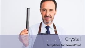  Presentation with barber - Cool new presentation with middle age barber man wearing apron holding hair comb over isolated white background with a confident expression on smart face thinking serious backdrop and a light blue colored foreground