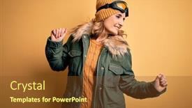  Presentation with moving snow - PPT theme featuring middle-age-beautiful-blonde-skier background and a tawny brown colored foreground