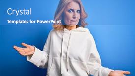  Presentation with gravity rain blue water drop splash - Presentation design consisting of middle-age-beautiful-blonde-sportswoman background and a teal colored foreground