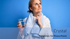  Presentation with drinking glass - Amazing PPT theme having middle-age-beautiful-blonde-sportswoman backdrop and a light blue colored foreground