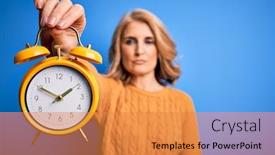  Presentation with vintage clock - Colorful theme enhanced with middle-age-beautiful-blonde-woman backdrop and a gold colored foreground