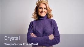  Presentation with king crown - Colorful PPT theme enhanced with middle-age-beautiful-blonde-woman backdrop and a violet colored foreground