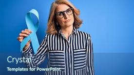  Presentation with blue ribbon - Slide deck having middle-age-beautiful-blonde-woman background and a ocean colored foreground