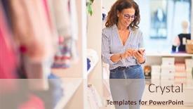  Presentation with beautiful black women smiling - Amazing slide set having middle age beautiful businesswoman smiling happy and confident leaning on the wall using smartphone at clothes shop backdrop and a lemonade colored foreground