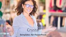  Presentation with clothes shop - Slide set with middle age beautiful businesswoman wearing striped shirt and glasses smiling happy and confident standing at clothes shop background and a light blue colored foreground