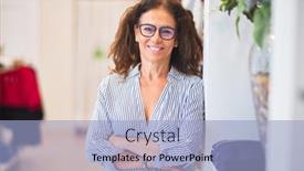  Presentation with clothes shop - Audience pleasing slide set consisting of middle age beautiful businesswoman wearing striped shirt and glasses smiling happy and confident leaning on the wall at clothes shop backdrop and a light blue colored foreground