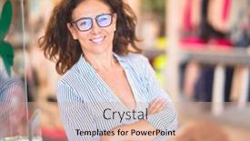  Presentation with clothes shop - Colorful presentation enhanced with middle age beautiful businesswoman wearing striped shirt and glasses smiling happy and confident standing at clothes shop backdrop and a coral colored foreground