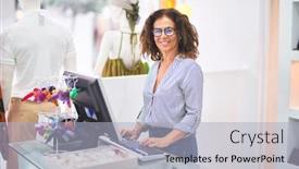  Presentation with clothes shop - Presentation design featuring boutique - middle age beautiful clothes shop background and a light blue colored foreground