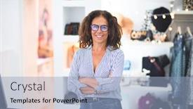  Presentation with customers - Presentation featuring middle age beautiful clothes shop owner woman smiling happy and confident waiting customers at counter background and a light blue colored foreground