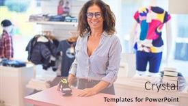  Presentation with clothes shop - Audience pleasing PPT theme consisting of middle age beautiful clothes shop owner woman smiling happy and confident waiting customers at counter backdrop and a lemonade colored foreground
