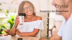  Presentation with coffe - PPT layouts consisting of middle-age-beautiful-couple-sitting background and a coral colored foreground