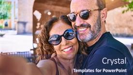  Presentation with selfie - Beautiful presentation featuring middle-age-beautiful-couple-wearing backdrop and a navy blue colored foreground