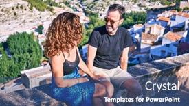  Presentation with stone age - PPT layouts featuring middle-age-beautiful-couple-wearing background and a ocean colored foreground