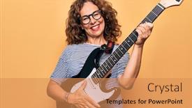  Presentation with electric guitar - Presentation design featuring middle-age-beautiful-musician-woman background and a coral colored foreground