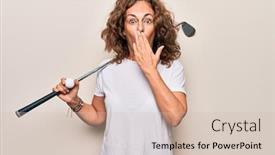  Presentation with golf - PPT theme with middle-age-beautiful-sportswoman-playing background and a soft green colored foreground