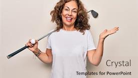  Presentation with achievement - Colorful PPT theme enhanced with middle-age-beautiful-sportswoman-playing backdrop and a soft green colored foreground