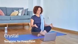  Presentation with home - Presentation design with middle-age-beautiful-sportswoman-smilig background and a coral colored foreground