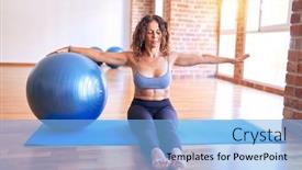  Presentation with middle class - Amazing PPT theme having middle-age-beautiful-sportswoman-smiling backdrop and a light blue colored foreground