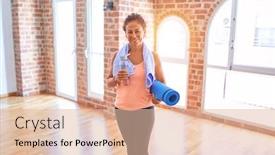  Presentation with exercise mat - Colorful PPT theme enhanced with middle-age-beautiful-sportwoman-smiling backdrop and a lemonade colored foreground