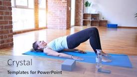  Presentation with gym - Theme with middle-age-beautiful-sportwoman-smiling background and a light blue colored foreground