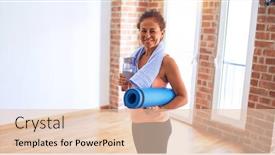  Presentation with exercise mat - PPT layouts with middle-age-beautiful-sportwoman-smiling background and a lemonade colored foreground
