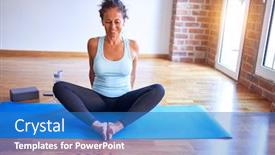  Presentation with ankle - Theme consisting of middle-age-beautiful-sportwoman-smiling background and a teal colored foreground