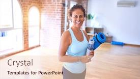 Presentation with exercise mat - PPT theme enhanced with middle-age-beautiful-sportwoman-smiling background and a lemonade colored foreground