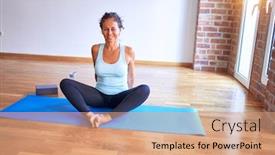  Presentation with ankle - Slide set with middle-age-beautiful-sportwoman-smiling background and a coral colored foreground