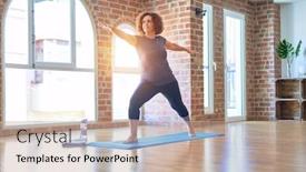  Presentation with warrior - Presentation theme featuring middle-age-beautiful-sportwoman-smiling background and a coral colored foreground