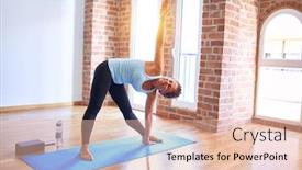  Presentation with triangle - Slide deck consisting of middle-age-beautiful-sportwoman-smiling background and a lemonade colored foreground